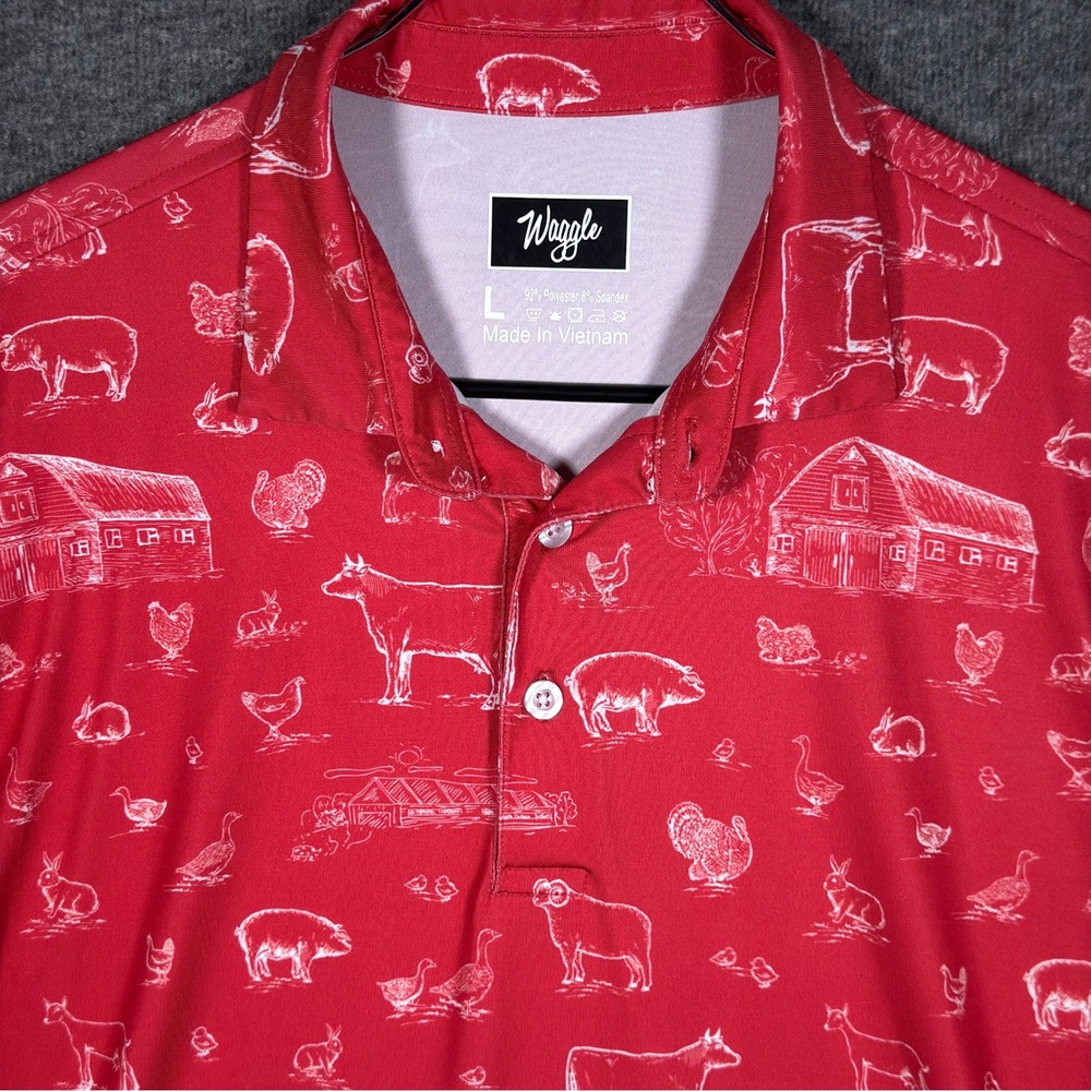 Waggle Golf Polo Shirt Mens Large Red Old Macdonald All Over Print Performance‎